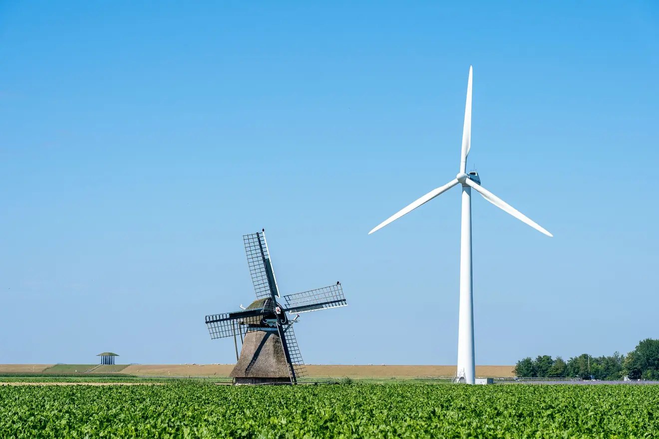 Een oude windmolen naast een moderne windturbine in een Nederlands weiland